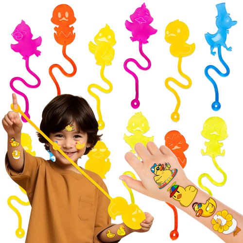 36PCS Duck Party Favors - 24PCS Temporary Tattoos 12PCS Sticky Hands Perfect Birthday Supplies for Kids Stretchy Fidget Goodie Bag Stuffers Treasure Box Toys Classroom Prizes Student Gifts