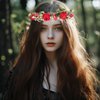 Vivivalue Women Flower Crown Rose Floral Headband Hair Wreath Floral Headpiece Halo Boho with Ribbon Wedding Party Red