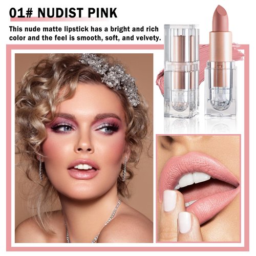 ZHISHUDL 2PCS Nude Matte Lipstick Set Nude Lip Gloss Smooth Velvety Lip Stick Non-Stick Cup Lip Stain Matte Lipstick Makeup Gifts Set for Women - 601 Nudist Pink