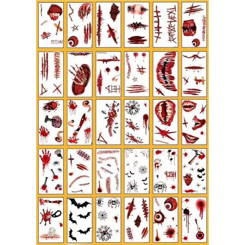 Set of 30 Spooky Halloween Tattoos -Vivid Wound Bloody Prints False Scar -Waterproof Tattoo Stickers,Use in Terrifying Vampire Zombie Prank Makeup Props