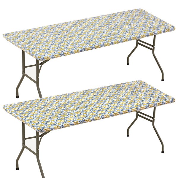 2 Pack Elastic Vinyl Fitted Tablecloth for 6 Ft Folding Table, 30" x 72" Rectangle Flannel Backing Table Cover, Waterproof Wipeable Table Cloth for Indoor Outdoor Picnic Parties, Yellow Blue Pattern