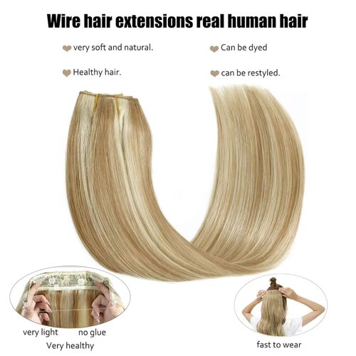 Ugrace Hair Clip In Hair Extensions Real Human Hair Wire Hair Extensions One Piece Clip in Hair Extensions with Invisible Fish Line For women Straight Hair(20 inch, Highlight Color P16/613)