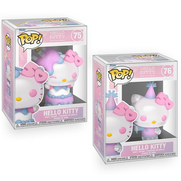 Epic Collectibles Pop Hello Kitty - Set of 2 - Hello Kitty with Birthday Cake and Balloons 50th Anniversary Vinyl Figures Bundle with Compatible Funko Box Protector