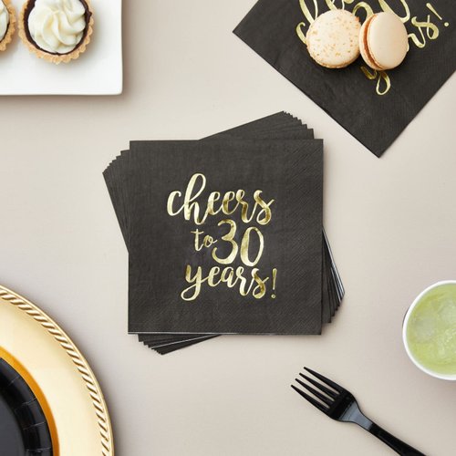 BLUE PANDA 50 Pack Cheers to 30 Years Cocktail Napkins for 30th Birthday, Anniversary Party Supplies, 3-Ply, Black and Gold Foil (5 x 5 Inches)