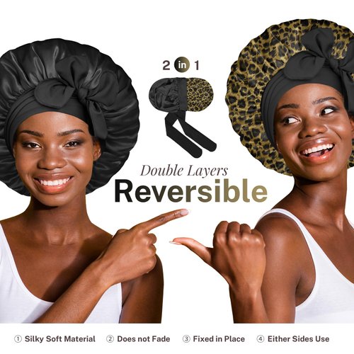 BONNET QUEEN Silk Bonnet for Sleeping Women Hair Bonnet REVERSIBLE Double Layer Satin Bonnet Tie Bonnet Sleep Satin Hair Wrap Night Cap For Curly Hair Leopard