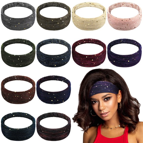 Wavyknot 12 Pieces Bling Boho Headbands Sequins Wide Headbands African Head Wrap Stretchy Hair Bands Breathable Turban Elastic Yoga Running Sport Hair Scarf Hair Accessories for Women
