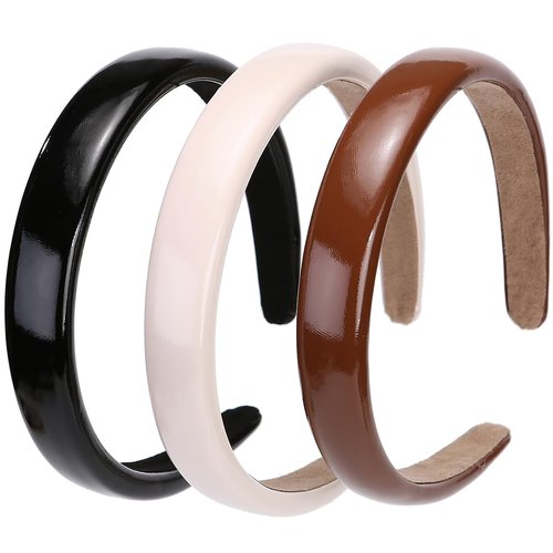 NARUNING 3 Pcs Padded Headbands for Women, Solid Color Leather Hair Band, Headhoop, Fashion Headwear, Girls Women Hair Accessories (Black/Brown/Beige)