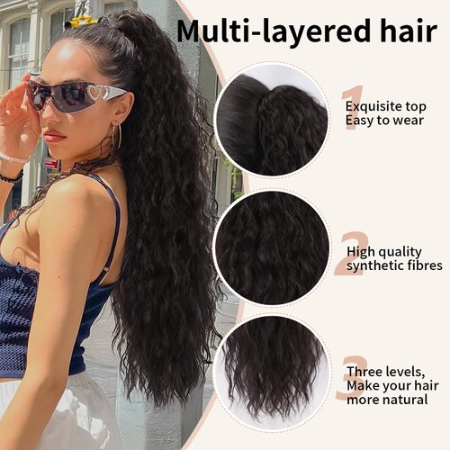 ORSUNCER Claw Long Wavy Ponytail Extension Black Brown 30" Curly Pony Tail Clip in Hair Extensions for Women Fluffy Natural Looking Synthetic Hairpiece for Daily Use