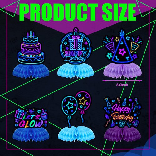 Chinco 6 Pcs Glow Party Birthday Centerpieces Neon Birthday Decorations Honeycomb Birthday Centerpieces Neon Centerpieces for Tables Neon Birthday Party Supplies(Vibrant)