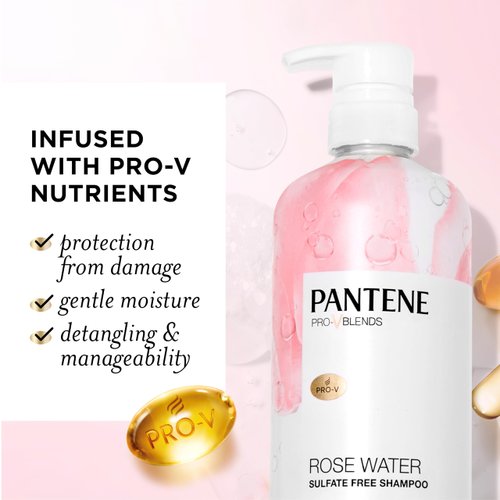 Pantene Sulfate Free Rose Water Shampoo, Soothes, Replenishes Hydration, Safe for Color Treated Hair, Nutrient Infused with Vitamin B5 and Antioxidants, Pro-V Blends, 30.0 oz