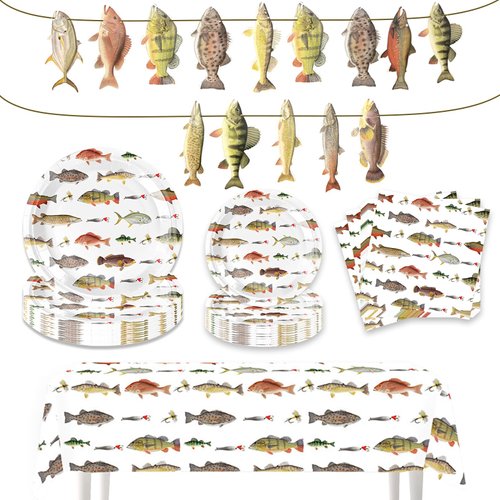 Fishing Party Supplies Set, Plates Napkins Tablecloth Banner Perfect for Gone Fishing Themed Birthday Celebration
