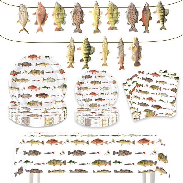 Fishing Party Supplies Set, Plates Napkins Tablecloth Banner Perfect for Gone Fishing Themed Birthday Celebration