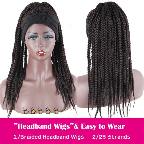 LEOSA Braid Headband Wig Brown Braided Wigs for Black Women Synthetic Box Braid Wig with Headband Attached Cornrow Braided Hair Head Wrap Wig