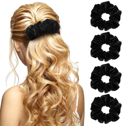 4 Pcs Big Velvet Scrunchies for Women BLack Hair Scrunchies for Thick Hair Black Classic Elastic Scrunchy Hair Bands Tie Soft Ropes Ponytail Holder Hair Accessories