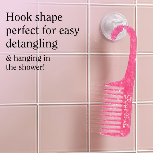 Rizos Curls Hanging Shower Comb, Detangle & Distribute Conditioner In Shower, Gentle On All Curl Types, Easy to Hang & Use, Pink