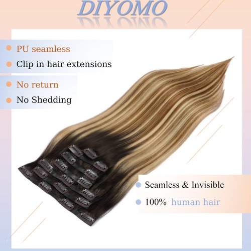 DIYOMO Seamless Hair Extensions - Real Human Hair,Human Hair Extensions Clip in Hair Extensions 120g 7pcs PU Clip In Hair Extensions Real Human Hair 14Inch P216 Dirty Blonde to Caramel Blonde