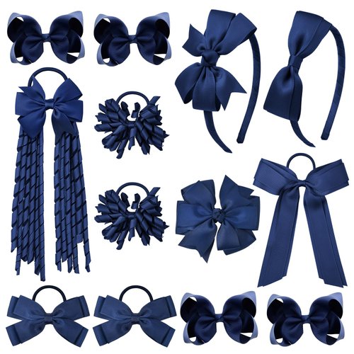 DEEKA Navy Blue School Hair Accessories Set 13 Pcs Uniform Hair Bow Headband Clips Hair Ties Curl...
