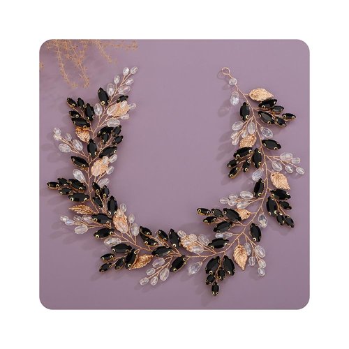 Kercisbeauty Gold Leaves Black Crystal Beads Headpiece for Women Wedding Bridal Hair Bands Boho Handmade Headband Prom (Gold)