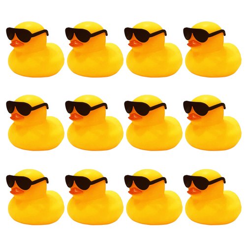 Sunioine 12 Pcs Rubber Ducks with 12 Pcs Sunglasses, 2 Inch Float & Squeak Yellow Mini Rubber Ducks Bath Toys Duckies, for Shower Birthday Party Gift Decoration Carnival Game Prizes