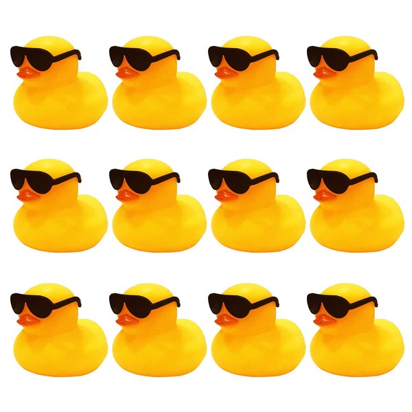 Sunioine 12 Pcs Rubber Ducks with 12 Pcs Sunglasses, 2 Inch Float & Squeak Yellow Mini Rubber Ducks Bath Toys Duckies, for Shower Birthday Party Gift Decoration Carnival Game Prizes