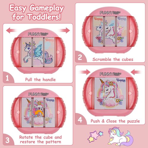 Fullware Rotating Puzzle for Kids 3 4 5 6 7 8 Year Old, 4 Puzzles in 1, Toddlers Travel, Car, Airplane, Road Trip Activities, Fine Motor Skills, Fidget, Gift for Boys & Girls Ages 3+ (Alicorn)