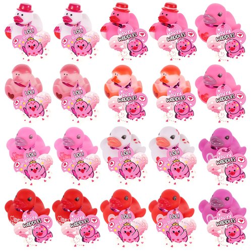 20pcs Valentine's Day Rubber Ducks with Greeting Card, Pink Mini Rubber Ducky Assorted Ducks Bath Toys Valentine Party Favors for Kids Classroom Gift Exchange
