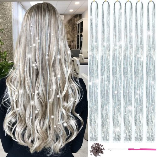 MISSUHUI Silver Hair Tinsel Kit With Tool Hair Tinsel Heat Resistant Fairy Hair Glitter Hair Extensions 6Pcs 1200Strands, Sparkling Shiny Hair Tinsel Tensile Hair Extensions for Women Girls (Silver)