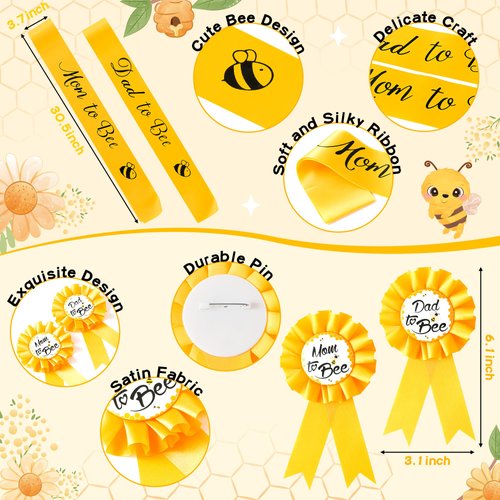 2ooya 4Pcs Bee Maternity Sash Set Yellow Bee Mom to Bee & Dad to Bee Sash Kit with Corsage Pin Bee Theme Pregnancy Sash Keepsake for Boy and Girl Baby Shower Gender Reveal Party Photo Prop Gift