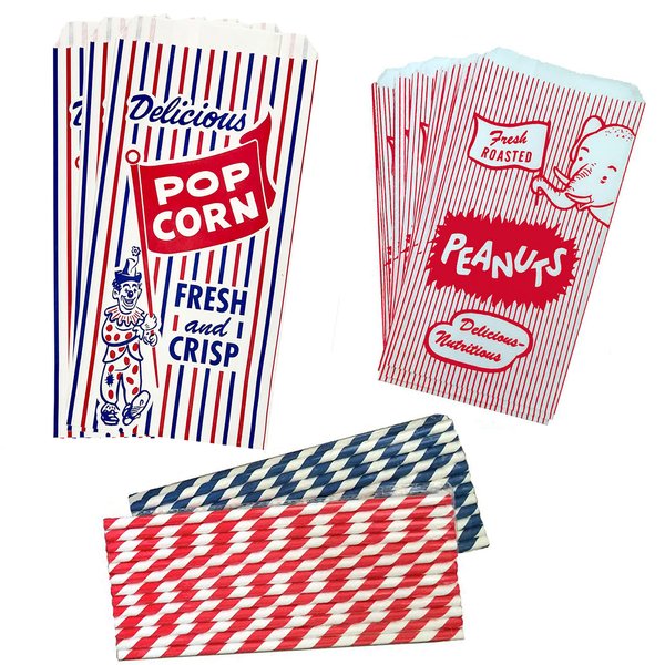 Outside the Box Papers Popcorn Bags Peanut Sacks and Striped Paper Straws 36 of Each Bag and 25 of Each Straw Red, White, Blue