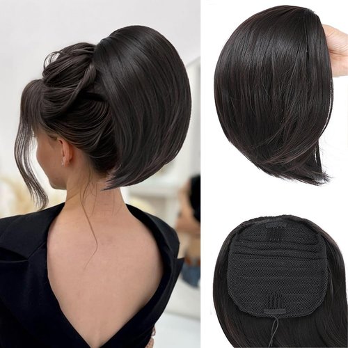 AFNOTE Short Drawstring Ponytail Extension 10 Inch Straight Hair Bun Fake Ponytails Hair Extensions Natural Synthetic Pony Tails Hair Pieces for Women-Brown Black