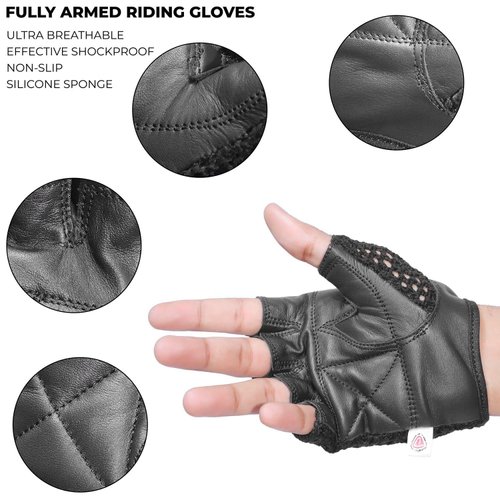 Kango Leather Padded Breathable Fingerless Workout Gloves, Crochet Back, Black (Small)
