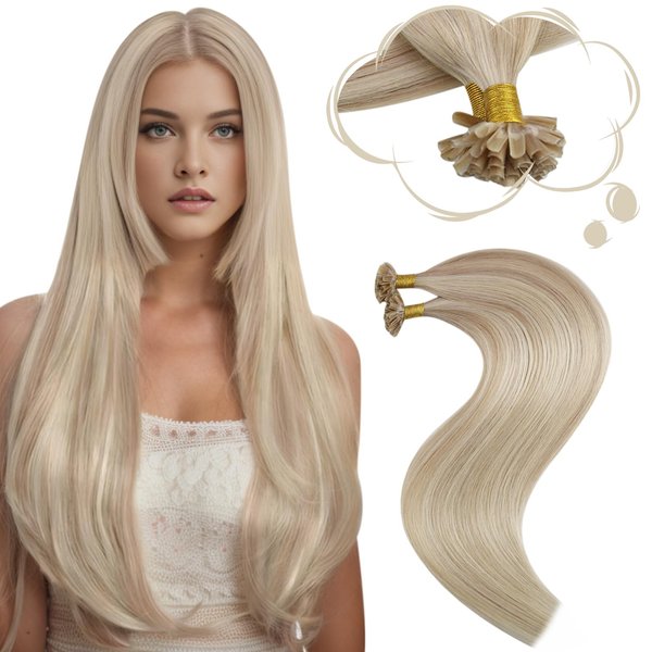 Moresoo Blonde U Tip Hair Extensions Human Hair Utip Extensions Highlighted Ash Blonde Mixed With Bleach Blonde U Tip Hot Fusion Remy Hair Extensions Pre Bonded #18/613 24In 50G/50S