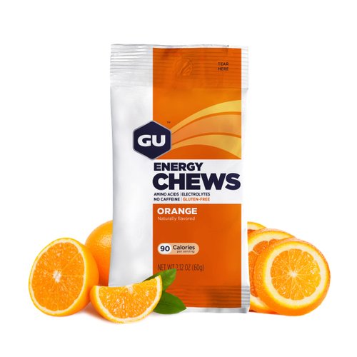 GU Energy Chews, Orange Energy Gummies with Electrolytes, Vegan, Gluten-Free, Kosher, Caffeine-Free, and Dairy-Free On-The-Go Energy for Any Workout, 12 Bags (24 Servings Total)