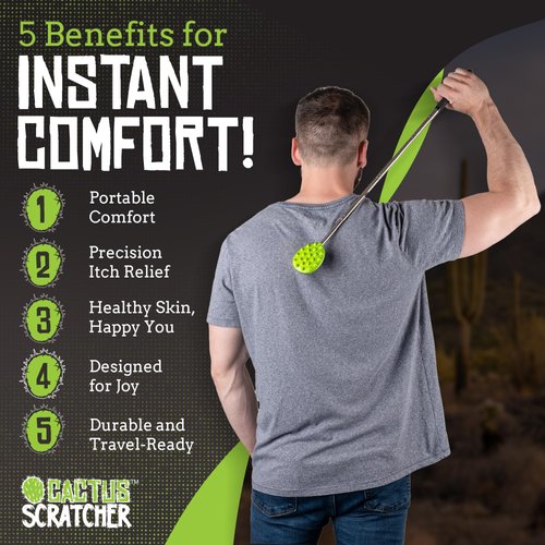 Cactus Scratcher Back Scratcher for Men, Women & Kids, Double Side Itch Reliever for Back, Head and Body, Compact Back Scratcher Extendable to 24.5 Inches - Green