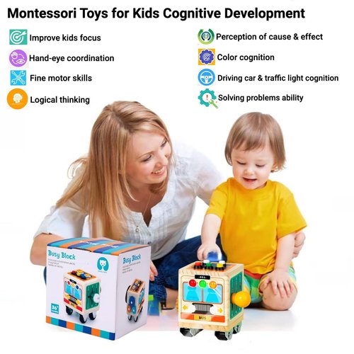 Montessori Busy Board for Kids, Wooden Sensory Activity Cube Toy with Car LED Light, Switch, Steering Wheel, Gear, Fine Motor Skill Learning Toy Gift for 3 4 5 6 Years Boy, Girl & Autism ADHD Toddler