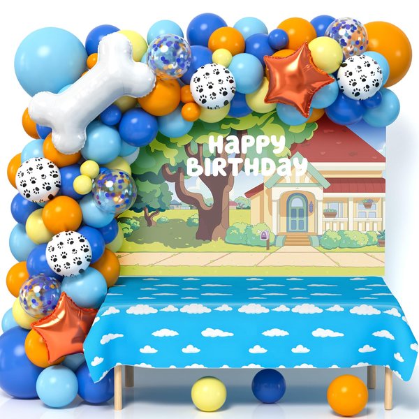 Mishopy 118 Dog Blue Party Decorations Birthday Supplies Paw Balloons Garland Arch Kit Backdrop Tablecloth Blue Bone Balloon for Boys Girls Kids Blue Theme Birthday Decorations