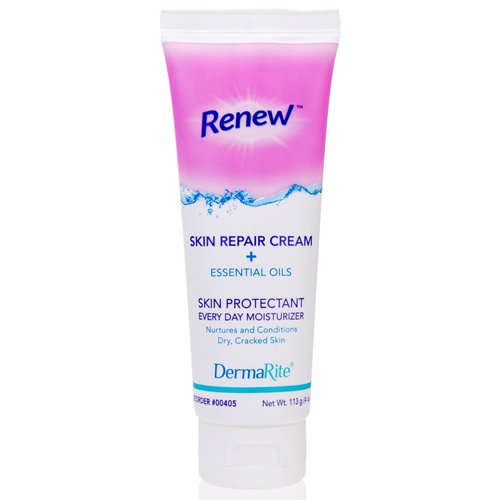 DermaRite's Renew Skin Repair Cream - Every Day Moisturizer & Skin Protectant with Dimethicone and Aloe Vera - Powder Scent, 4 oz. Tube, 1 Count