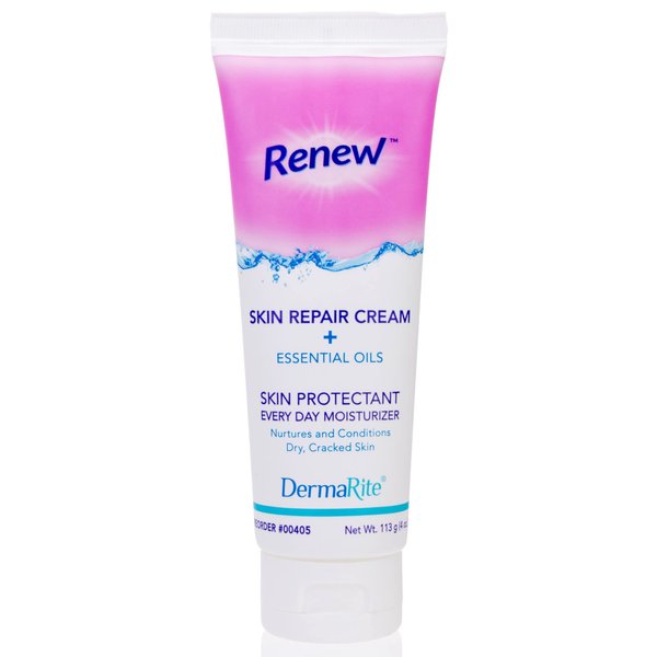 DermaRite's Renew Skin Repair Cream - Every Day Moisturizer & Skin Protectant with Dimethicone and Aloe Vera - Powder Scent, 4 oz. Tube, 1 Count