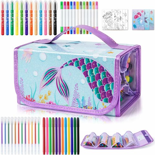 WERNNSAI Mermaid Marker Set with Pencil Case - 58 PCS Scented Markers for Kids Girls Birthday Gift Painting Coloring Markers Pens Set Art and Craft Set with Stickers and Coloring Papers