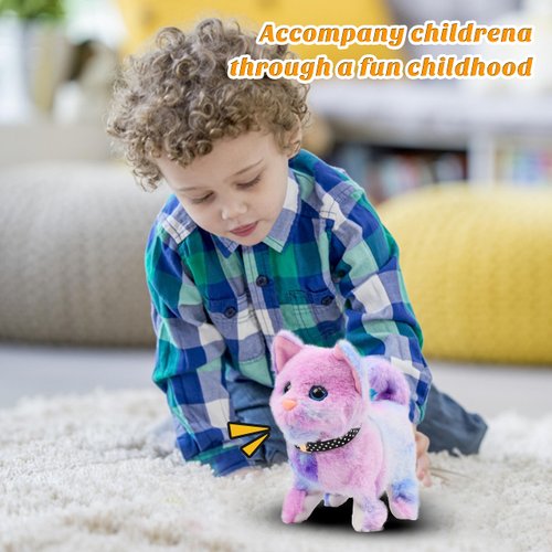Easfan Walking Kitty Stuffed Animal Interactive Rainbow Cat Meowing Tail Wagging Head Nodding Educational Plush Toy Easter Christmas Birthday Gifts for Toddlers Kids Girls, 7"