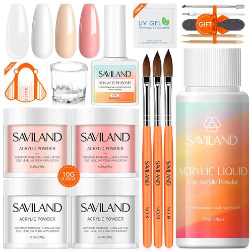 SAVILAND Acrylic Nail Kit for Beginner: Nudes Pink White Clear Acrylic Powder Monomer Liquid Set 10ml Non-acid PH Bond Acrylic Nail Brushes for Beginners Practice DIY Acrylic Nails Extension Gift Set