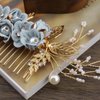 Micro Traders Hair Comb, Wedding Bridal Hair Clip, Rhinestone Pearl Floral Headpiece, Hair Accessories for Bridesmaid, Blue