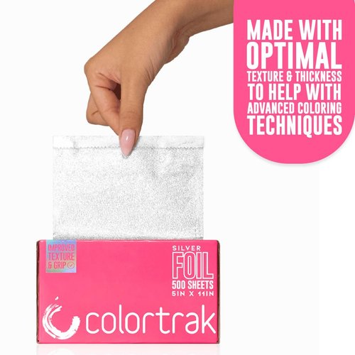 Colortrak Embossed Sheets Silver Aluminum Foil Pop-up Dispenser, 500 Pre-cut Sheets Non-slip Textured Silver 5 x 11 Sheets for Hair Foil Coloring and Highlighting Sheet Applications