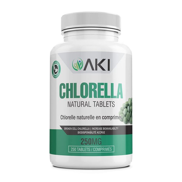 AKI Chlorella Superfood Supplement Tablets (250) | Green Superfood Fount of Vitamin B12, Iron, & Protein | Ideal in GMO Free & Vegan Friendly