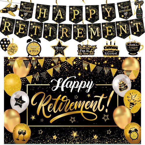 Retirement Party Decorations For Women Men, Black And Gold Happy Retirement Banner Sign Party Supplies, 180cm X110cm Retired Backdrop for parties, 8pcs Hanging Swirl