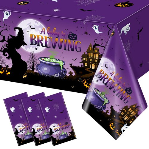 3 Pack Halloween Baby Shower Plastic Tablecloth, Halloween A Baby is Brewing Baby Shower Decorations, Disposable Gender Reveal Table Cover Party Supplies for Halloween Themed Baby Reveal Decorations
