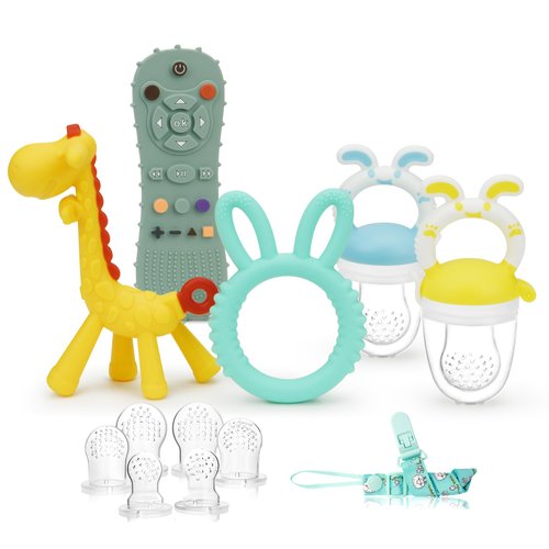 WAJIAYON Baby Teething Toys for Babies 3-6 Months Set of 12,Baby Toys 6 to 12 Months,2 Baby Fruit Feeders for Baby Teether Relief Soothing Sore Gums Chew Infant Toys, Freezer BPA Free