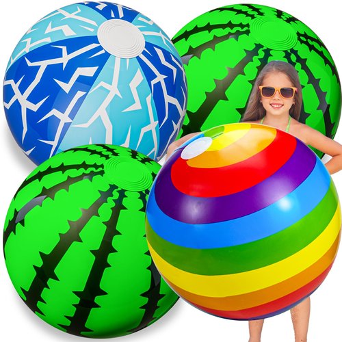Tcvents 4 Pack Beach Balls 26 inch, Big Inflatable Sports Ball Pool Toys Watermelon Beachballs Rainbow Beach Ball Bulk for Kids and Adults, Summer Pool Party Decorations 21" After Inflated
