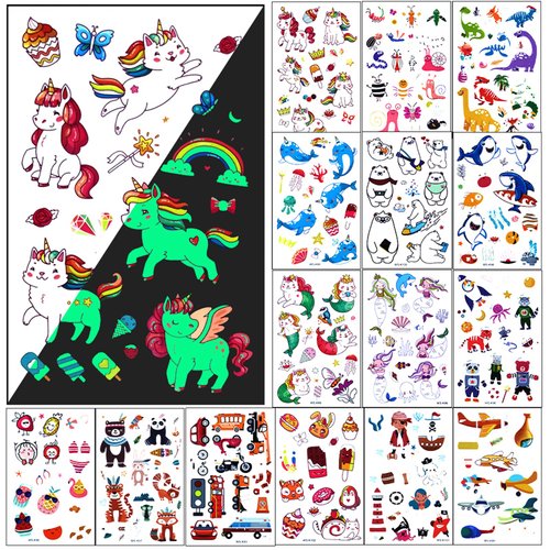 Temporary Tattoo Kids 310 Pieces Glow In The Dark Tattoos for Kids, Waterproof Last Long Glitter Tattoos Stickers, Cute Luminous Fake Tattoos for Kids Party Favors Birthday Gifts Goodie Bag Stuffers