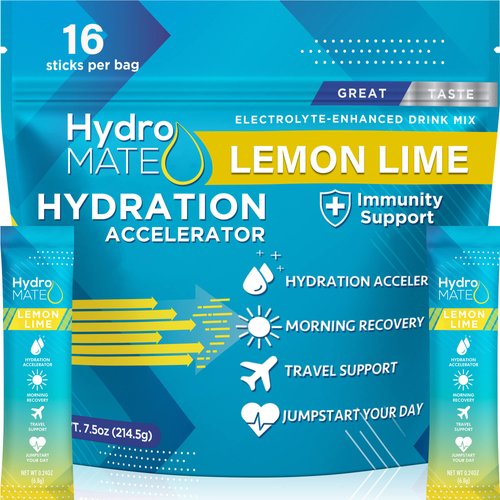 HydroMATE Electrolytes Powder Packets Lemon Low Sugar Hydration Accelerator Electrolyte Drink Mix Party Favors for Fast Liquid Dehydration Relief with Vitamin C 16 Sticks